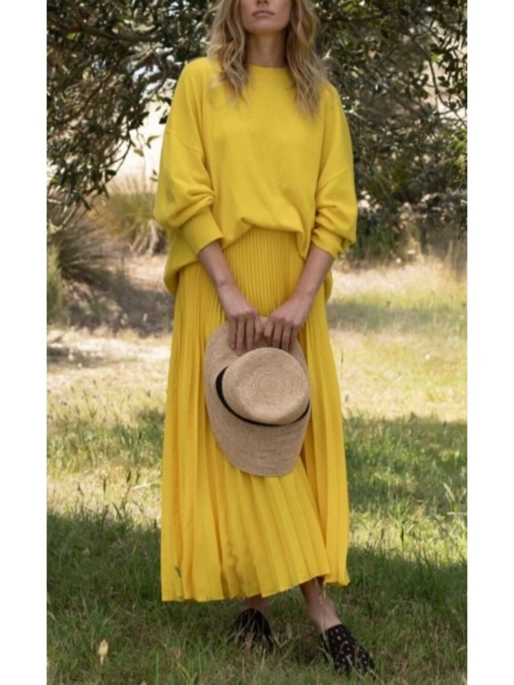 NEW $395 Jenni Kayne Pleated Midi Skirt Lemon Yellow Pull-On Small Lightweight